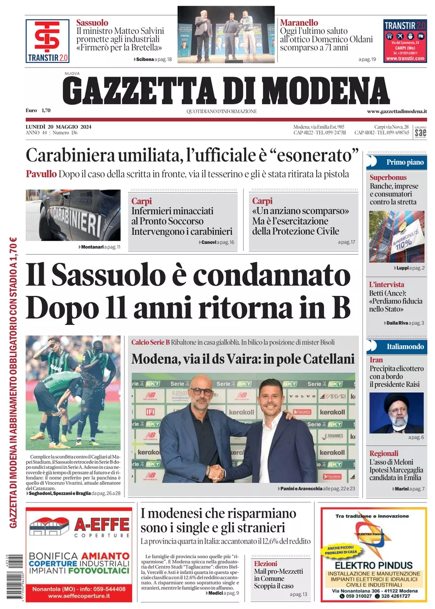 Prima-pagina-gazzetta di modena-oggi-edizione-del-2024-05-20